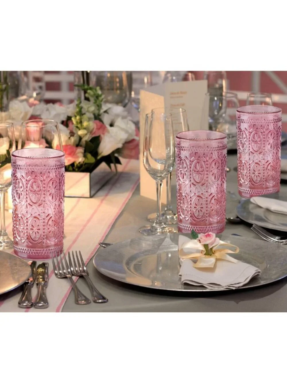 Vintage Pink Highball Glasses Set, 12oz Drinking Glassware, Retro Home Decor